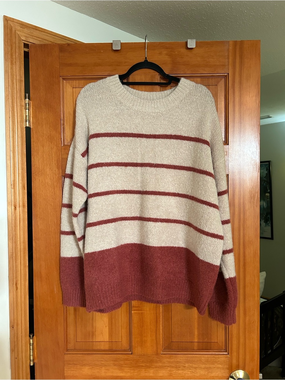 Lush Cream Sweater with Burgundy Stripe